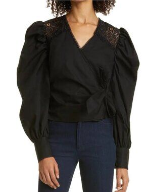 NWT Haute Hippie Black Lace Back Wrap Top Victorian Puff Sleeve Size 12 $258